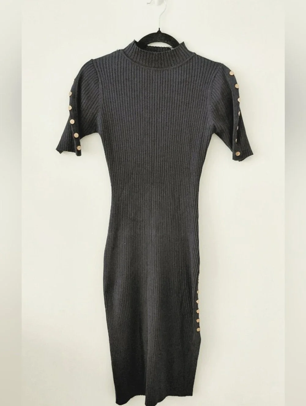 Blue Ribbed Midi Dress with Side Button Detail